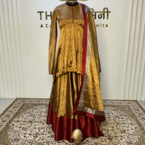 Golden zari tissue with maroon velvet blouse