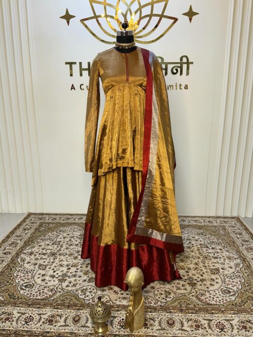 Golden zari tissue with maroon velvet blouse