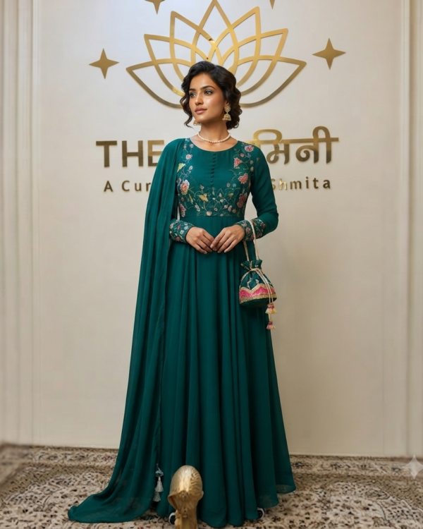 Indian model wearing a flowing green georgette Anarkali paired with a stylish printed jacket and a matching dupatta by The Swamini by Sushmita.