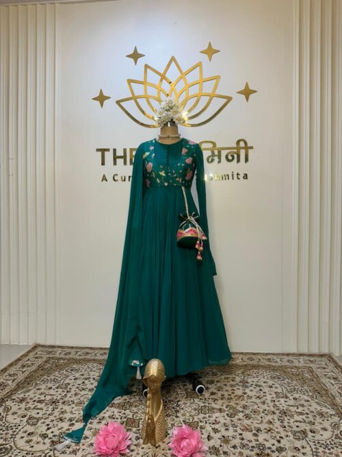 Green Gorgete Anarkali/Printed jacket and dupatta - Image 2