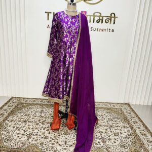 Purple brocade Anarkali/orange pejami pure silk with dupatta