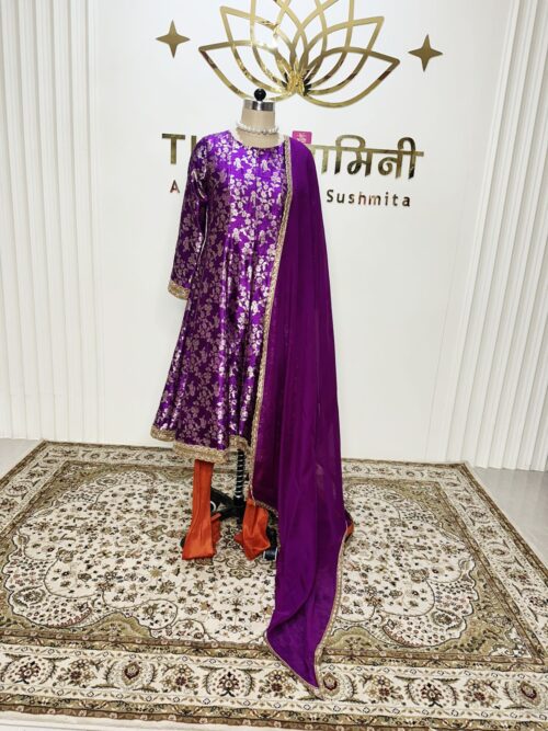 Purple brocade Anarkali/orange pejami pure silk with dupatta