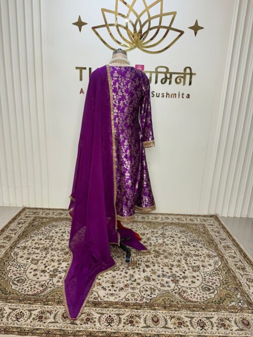 Purple brocade Anarkali/orange pejami pure silk with dupatta - Image 2