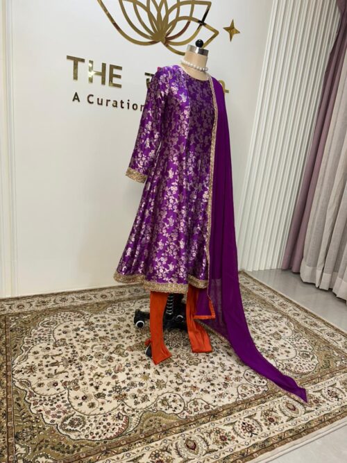Purple brocade Anarkali/orange pejami pure silk with dupatta - Image 3