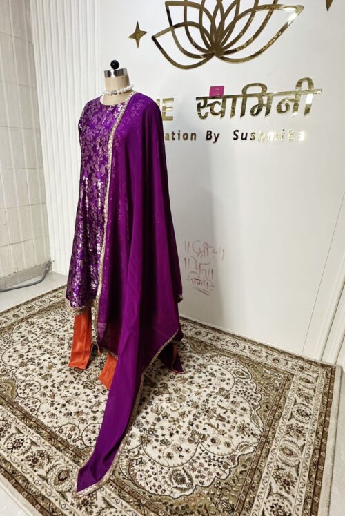 Purple brocade Anarkali/orange pejami pure silk with dupatta - Image 4