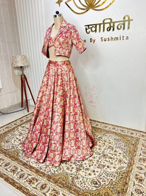 Brocade Red Printed lehenga, Blouse, Jacket three Piece set