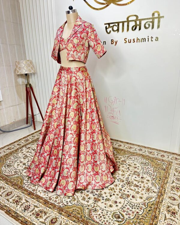 Brocade Red Printed lehenga, Blouse, Jacket three Piece set