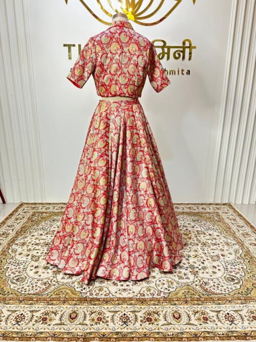 Brocade Red Printed lehenga, Blouse, Jacket three Piece set
