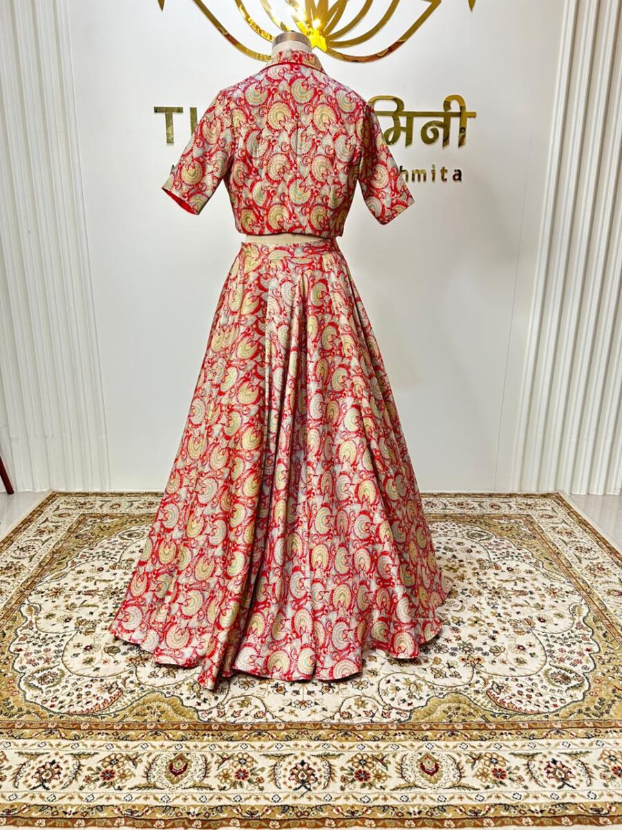 Brocade Red Printed lehenga, Blouse, Jacket three Piece set