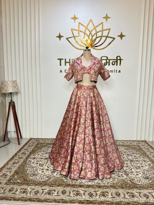 Brocade Red Printed lehenga, Blouse, Jacket three Piece set