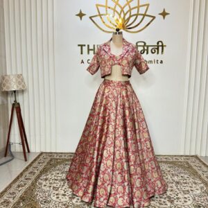 Brocade Red Printed lehenga, Blouse, Jacket three Piece set