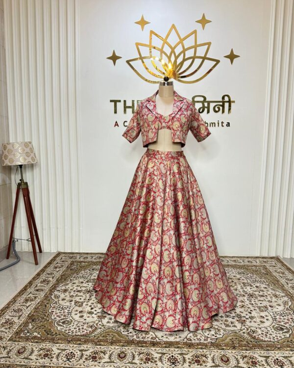 Brocade Red Printed lehenga, Blouse, Jacket three Piece set