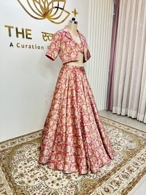 Brocade Red Printed lehenga, Blouse, Jacket three Piece set