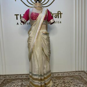 Off white draping with pink heavy gota blouse