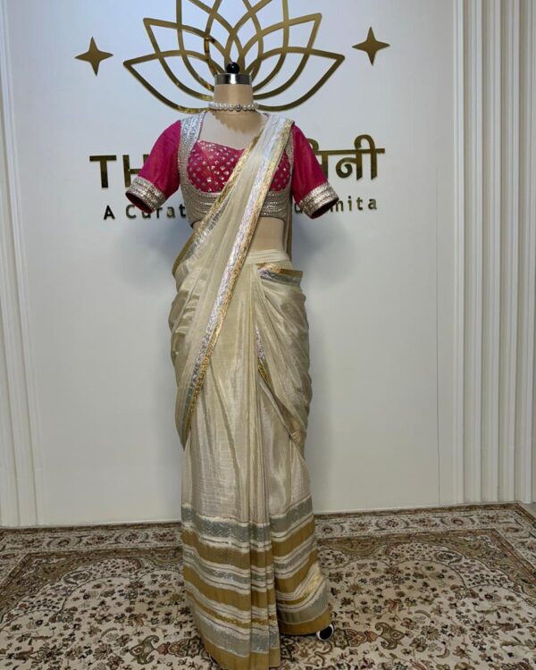 Off white draping with pink heavy gota blouse