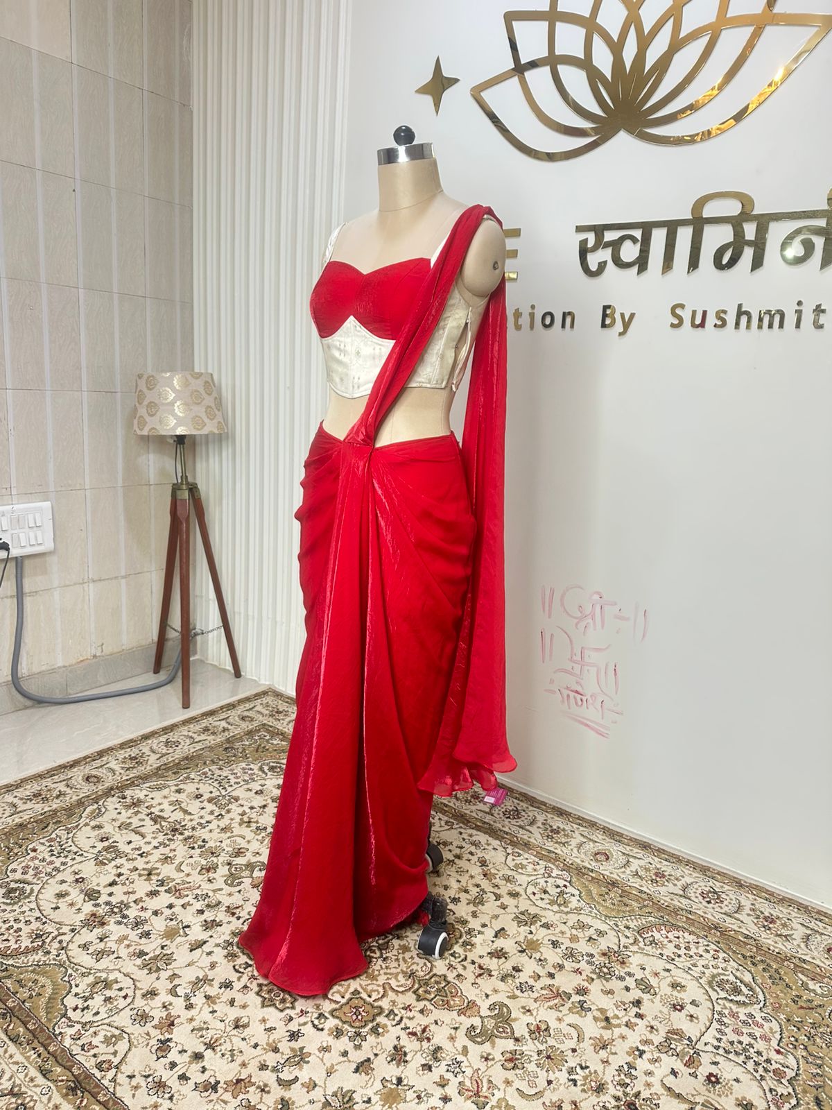 Red Draping saree with Corset Blouse - Image 3