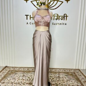 Satin draping golden saree with court - set blouse