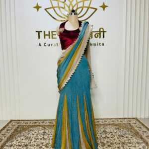 3 shades metallic blue yellow beige fish cut skirt with maroon velvet blouse designer outfit