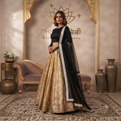 Golden Skirt & Black Top With Net Lace Dupatta Set - Image 7