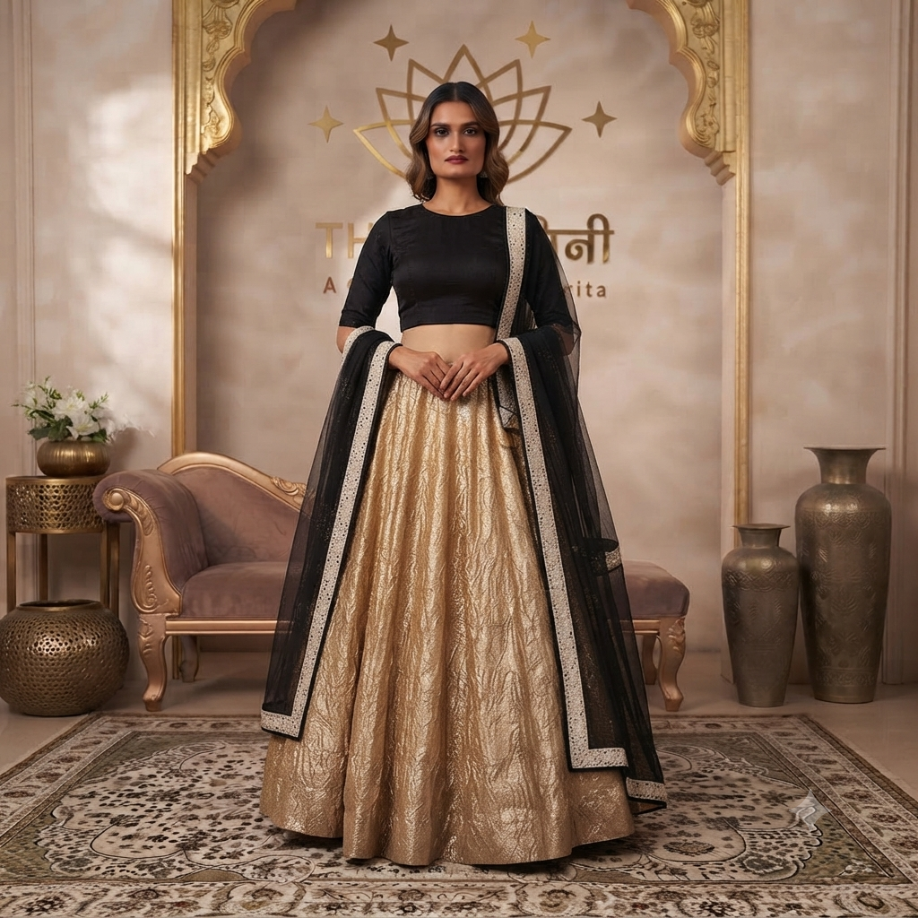 Black & Gold Metallic Lehengas Set | The Swamini by Sushmita Model wearing a black long-sleeve embroidered blouse paired with a shimmering gold metallic lehenga skirt and black net dupatta by The Swamini by Sushmita.