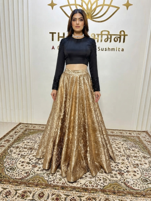 Golden Skirt & Black Top With Net Lace Dupatta Set - Image 5