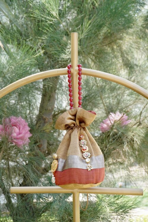 Antique Gold and Maroon Color-Blocked Festive Drawstring Potli - Image 3