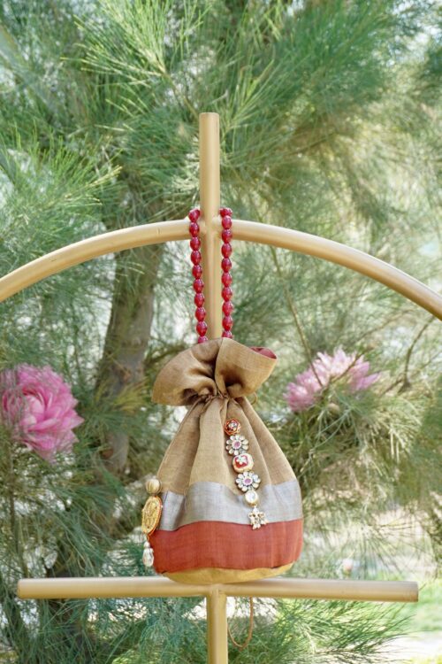 Antique Gold and Maroon Color-Blocked Festive Drawstring Potli - Image 4