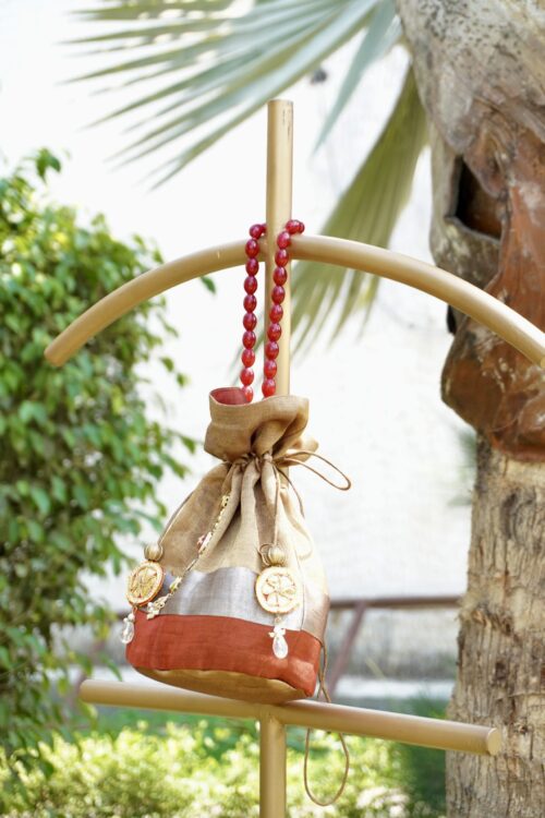 Antique Gold and Maroon Color-Blocked Festive Drawstring Potli - Image 5