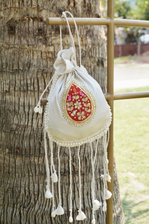 Ivory Silk Potli Bag with Red Paisley Motif - Image 3