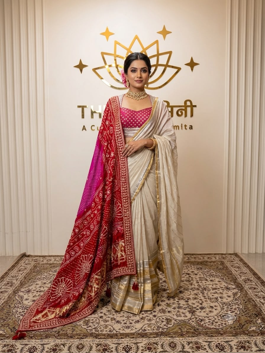 Elegant Off-White Draped Saree with Pink Gota Work Blouse Model wearing an elegant off-white pre-draped saree paired with a vibrant pink blouse featuring intricate gold gota patti embroidery by The Swamini by Sushmita.