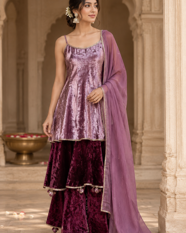 Indian model wearing a luxurious onion pink velvet knee-length Anarkali with a rich wine contrast flare and detailed border by The Swamini by Sushmita.