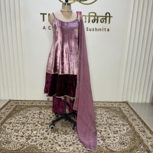 Velvet onion pink and wine contrast in ghera knee length Anarkali