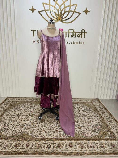 Velvet onion pink and wine contrast in ghera knee length Anarkali