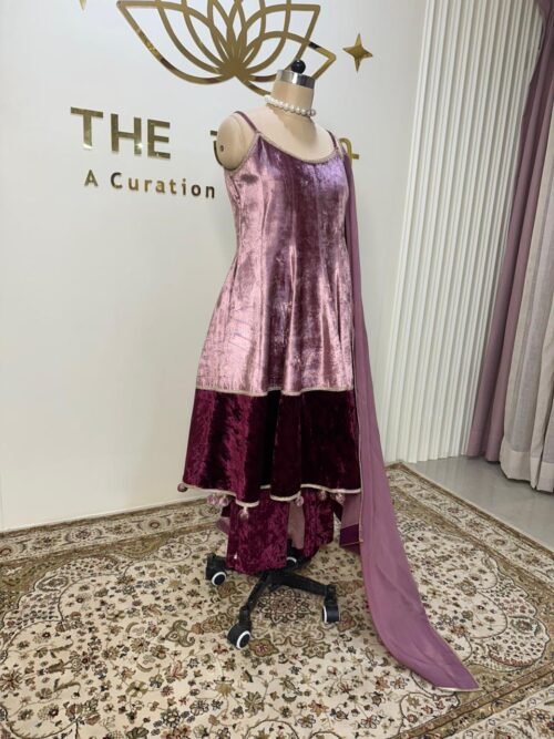 Velvet onion pink and wine contrast in ghera knee length Anarkali - Image 2