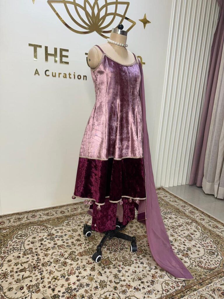 Velvet onion pink and wine contrast in ghera knee length Anarkali - Image 2