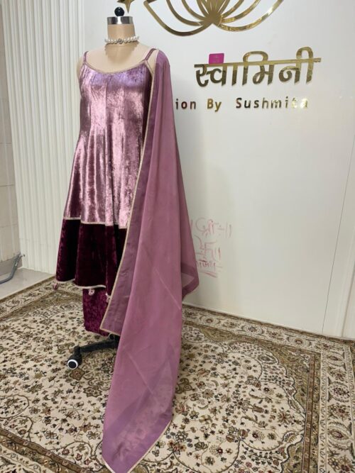 Velvet onion pink and wine contrast in ghera knee length Anarkali - Image 3