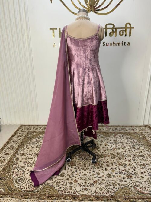 Velvet onion pink and wine contrast in ghera knee length Anarkali - Image 4