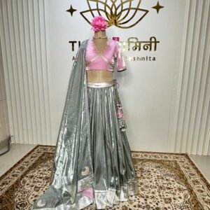 Metallic green lehenga/pink blouse and metallic green dupatta