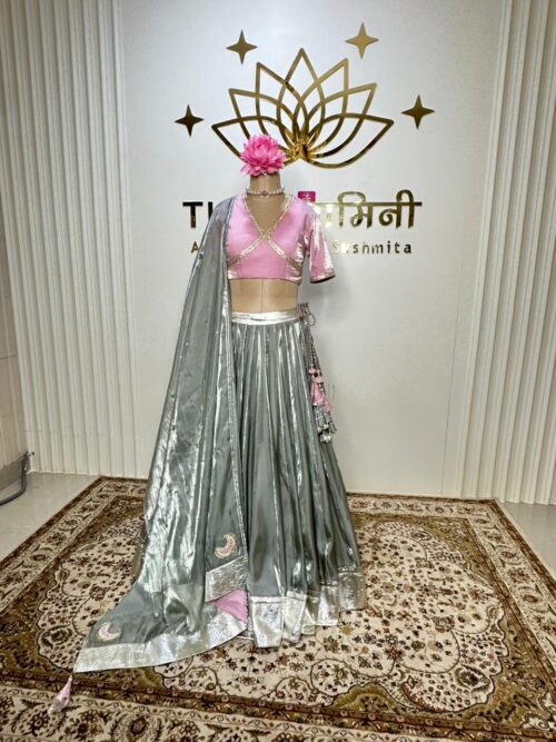 Metallic Green Lehenga & Dupatta With Pink Blouse