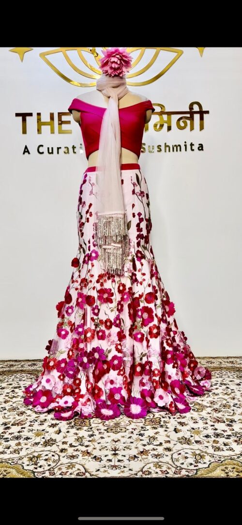 Pink blouse fish cut lehenga  3D flower work net dupatta - Image 4