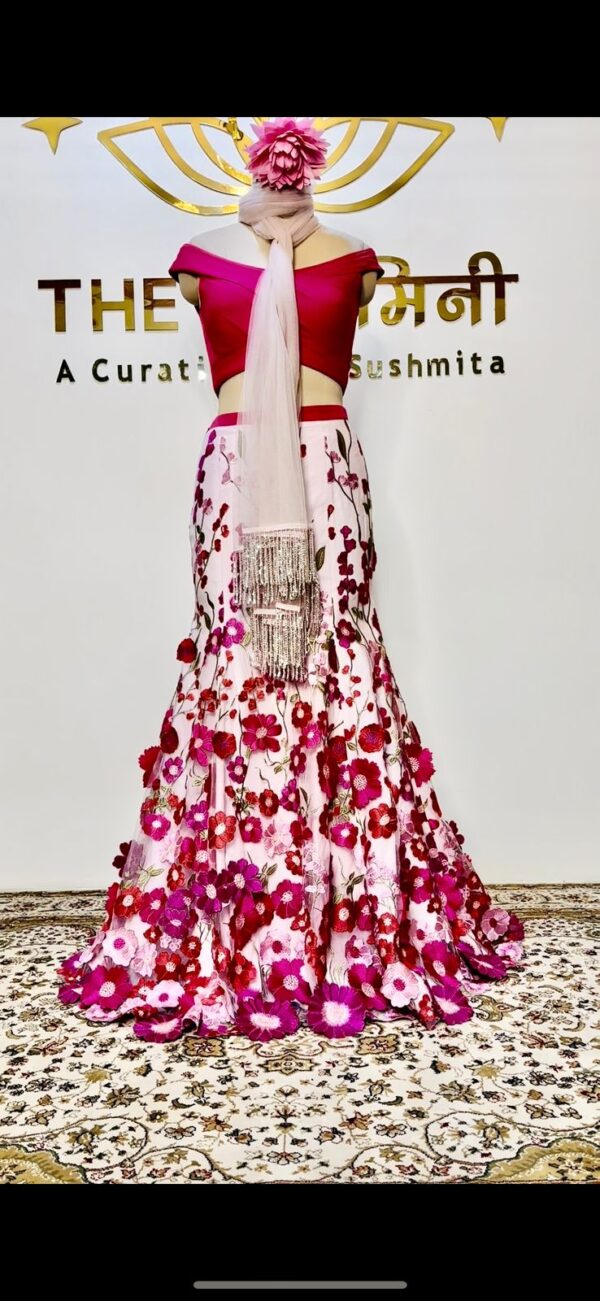 Pink blouse fish cut lehenga  3D flower work net dupatta - Image 4