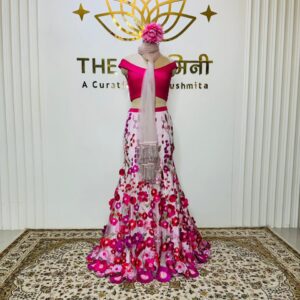Pink blouse fish cut lehenga  3D flower work net dupatta