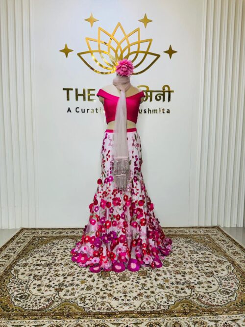Pink blouse fish cut lehenga  3D flower work net dupatta