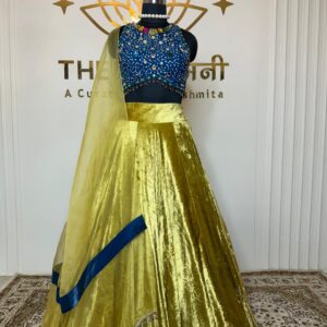 Yellow velvet lehenga blue stone blouse organza dupatta