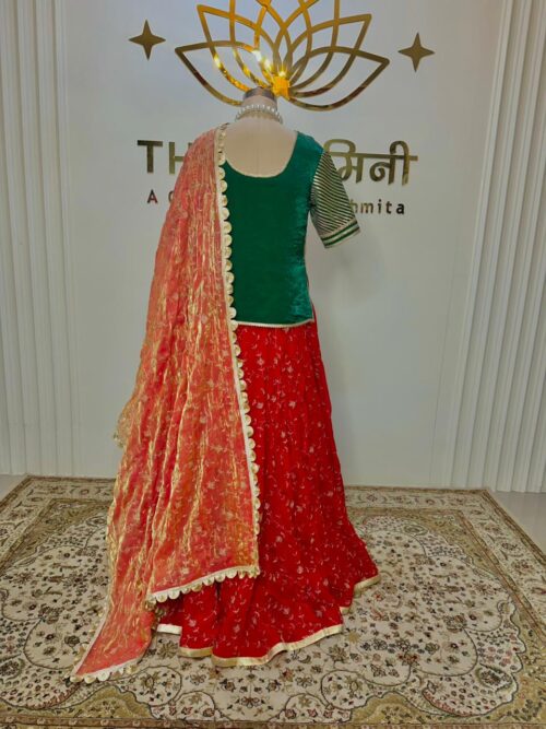 Red embroidery work lehenga green kurta gota sleeve with heavy dupatta - Image 4