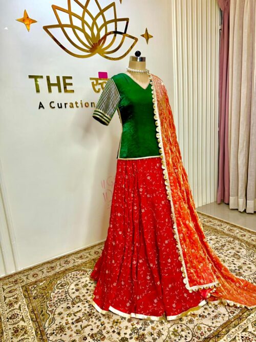 Red embroidery work lehenga green kurta gota sleeve with heavy dupatta - Image 3