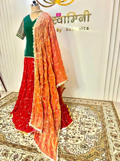 Red embroidery work lehenga green kurta gota sleeve with heavy dupatta - Image 5