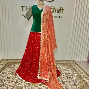 Red embroidery work lehenga green kurta gota sleeve with heavy dupatta