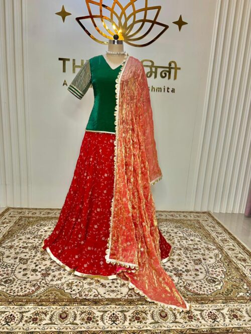 Red embroidery work lehenga green kurta gota sleeve with heavy dupatta