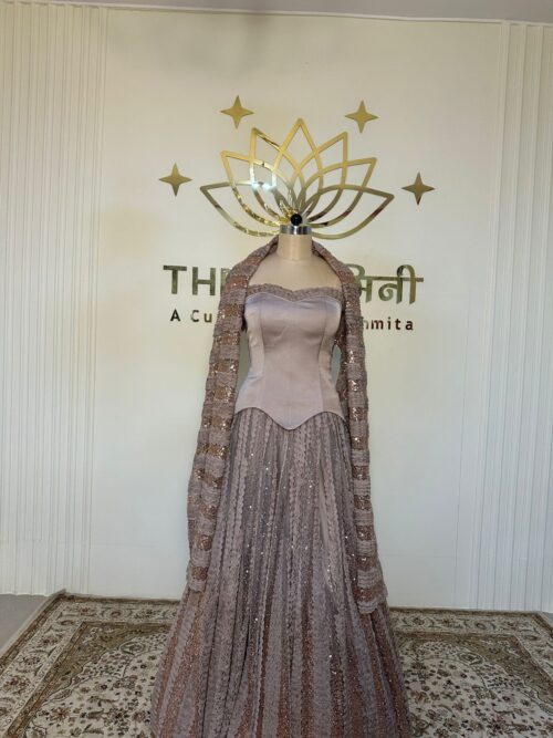 Golden lehenga corset blouse with heavy dupatta - Image 3